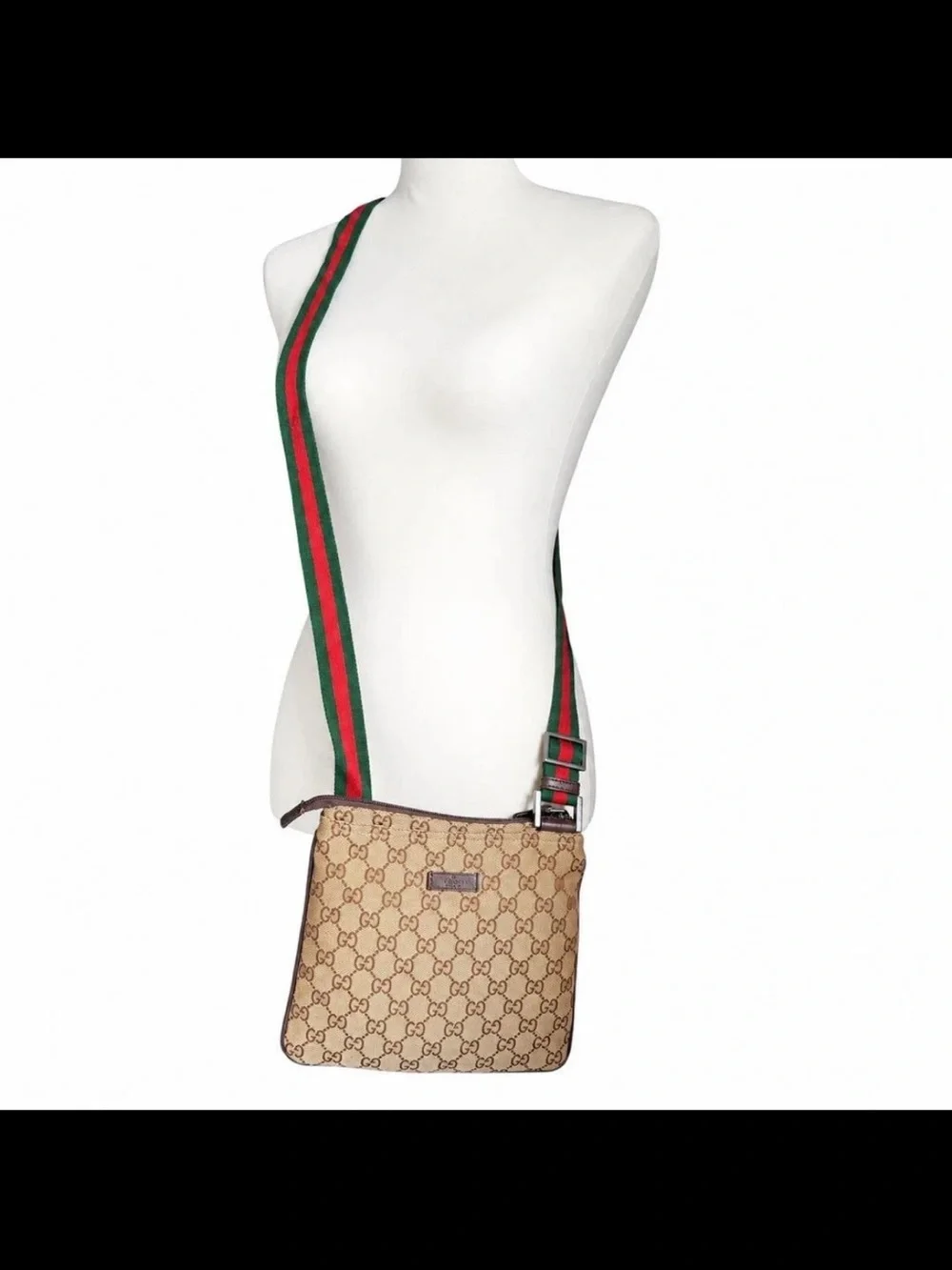 Gucci Brown GG Canvas Messenger Bag with Green-Red Web Strap
